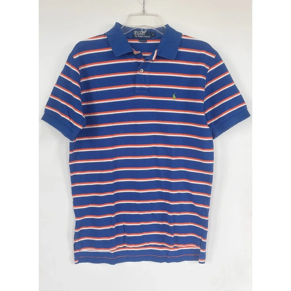 Polo Ralph Lauren Mens Blue Orange‎ Striped Cotton Pique Polo Golf Shirt
